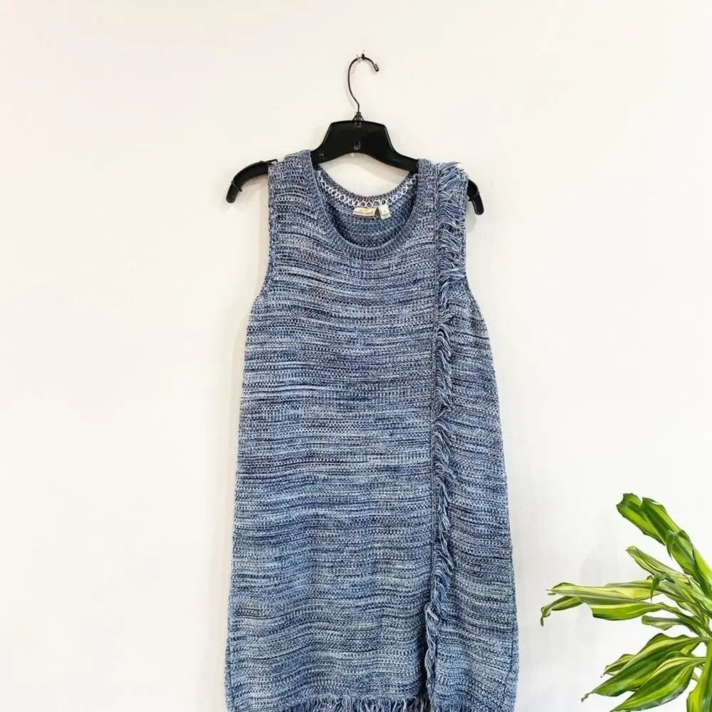 Anthro Holding Horses Fringe Sweater Dress Blue‎ Sleeveless Knit Size M